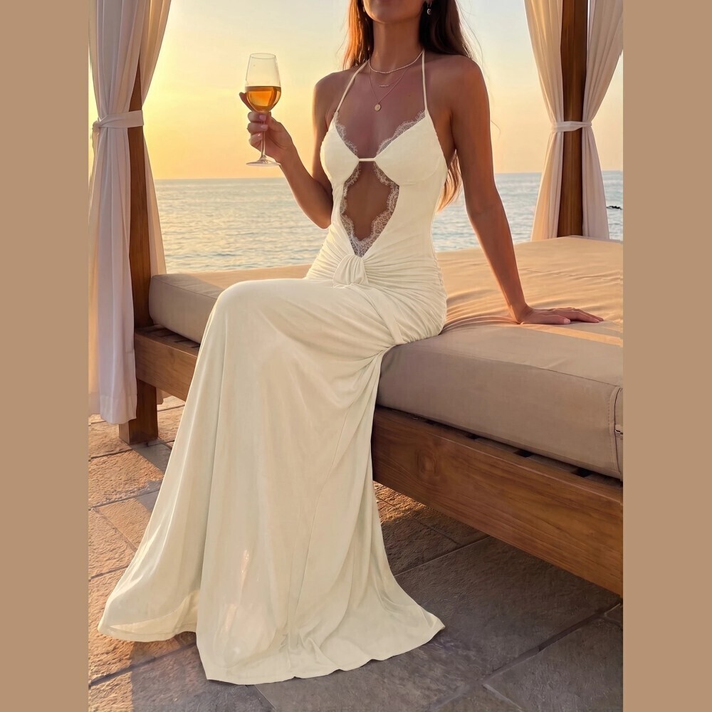 Ivory Cream Lace Cutout Halter Ruched Slim Fit Maxi Dress